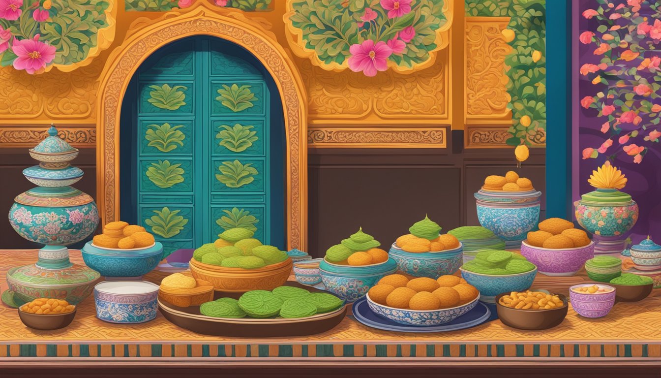 A table adorned with a variety of intricately designed kueh bangkit, set against a backdrop of traditional Peranakan motifs and vibrant colors