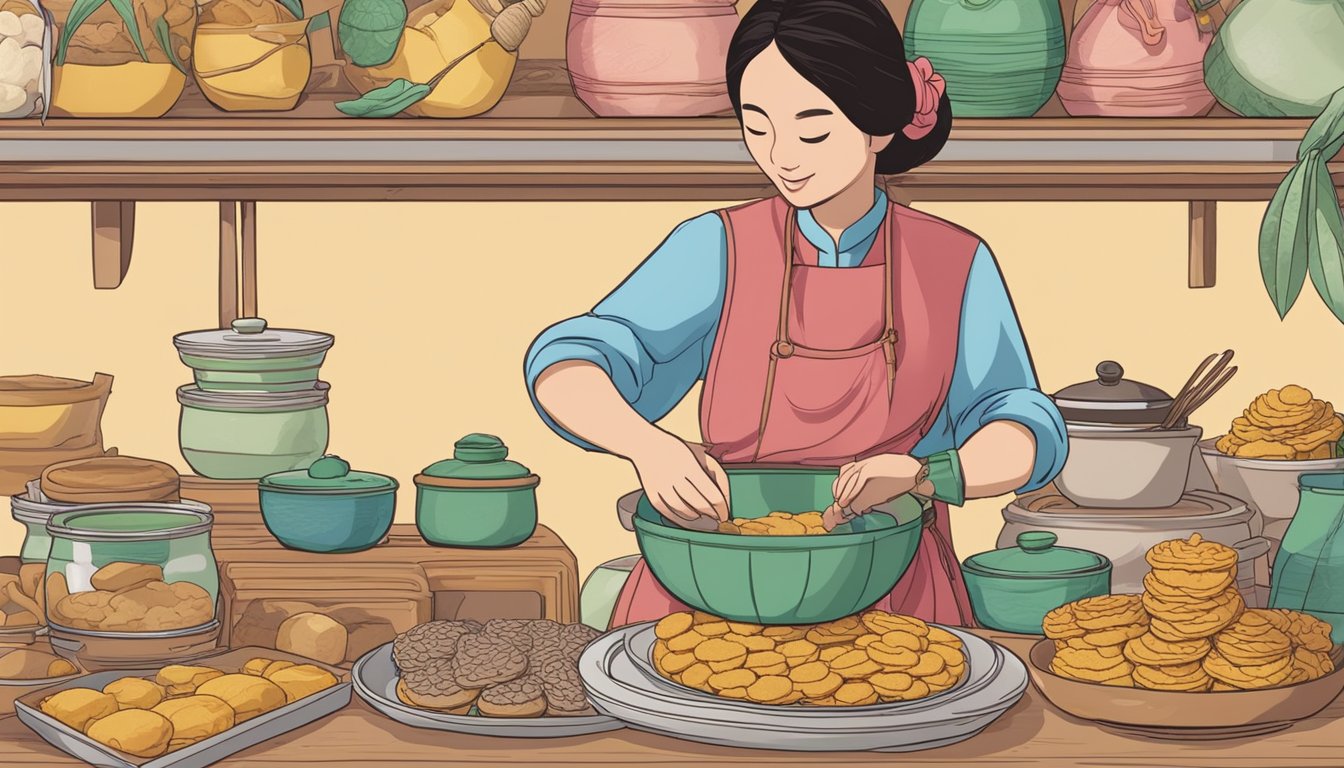 A table displays a variety of kueh bangkit cookies, surrounded by traditional baking tools and ingredients. A woman in a floral apron carefully shapes the delicate dough with intricate molds