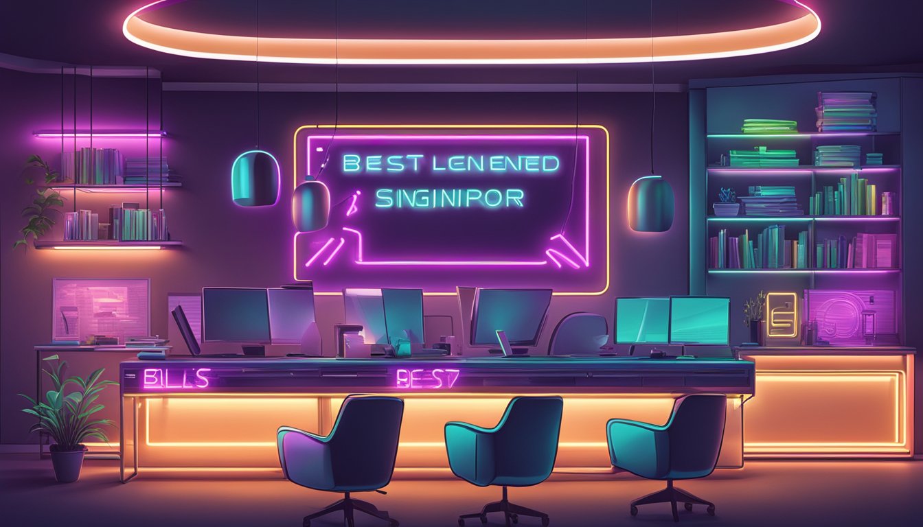 A neon sign reading "best licensed money lender Singapore" illuminates a sleek office with modern furniture and a professional atmosphere