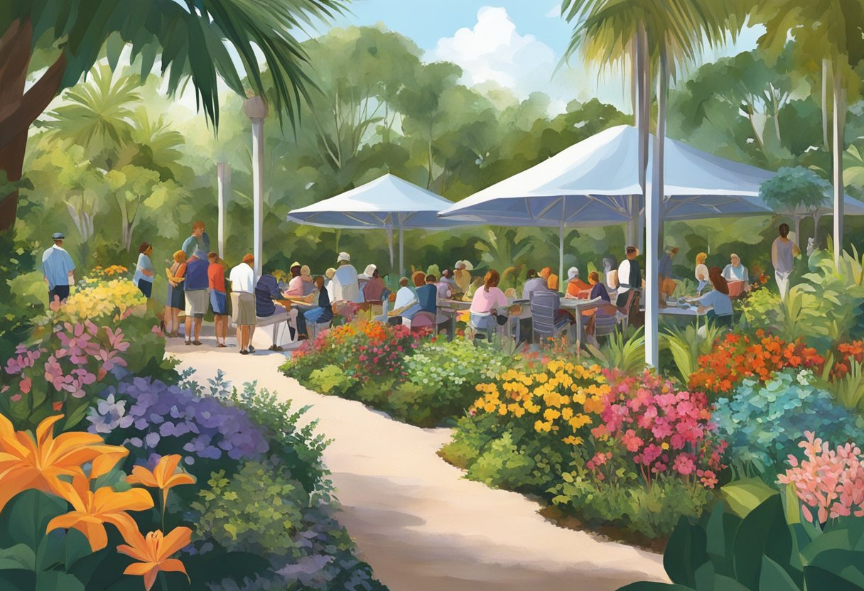 A bustling scene at Marie Selby Botanical Gardens, Sarasota. Vibrant flowers and lush greenery fill the space as people interact and socialize