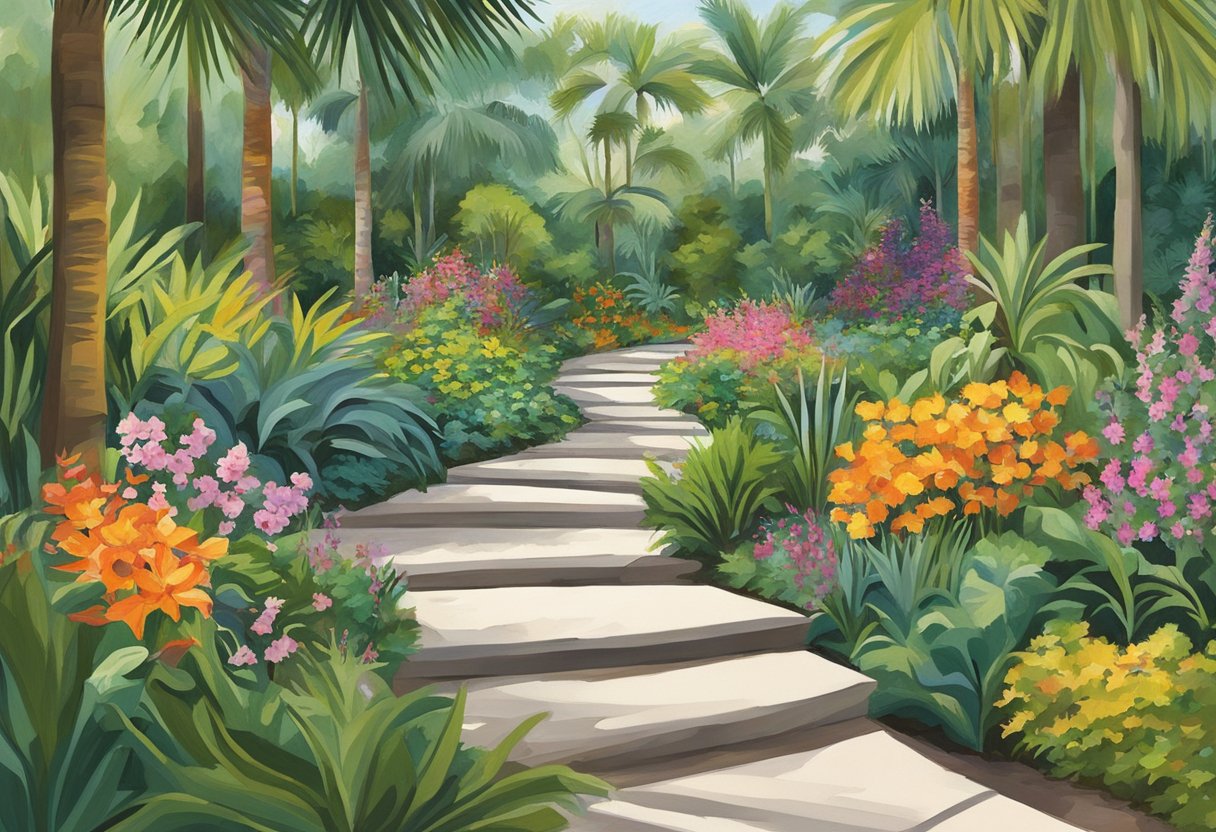 Lush greenery surrounds winding pathways at Marie Selby Botanical Gardens in Sarasota. Colorful flowers and exotic plants create a vibrant and serene atmosphere for visitors to explore