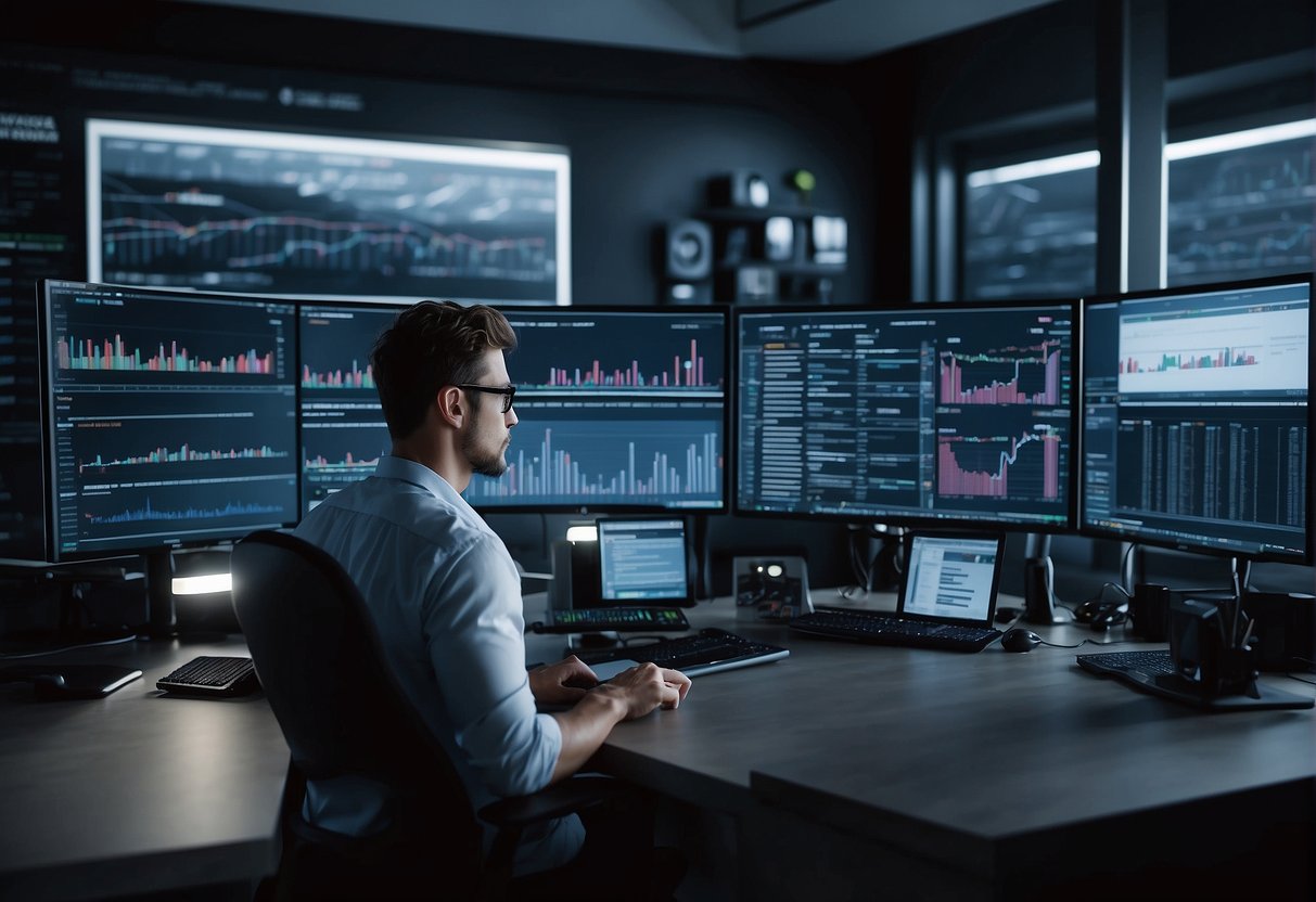 A person researching cryptocurrency exchanges, surrounded by computer screens and charts, pondering how to choose a reliable platform for investing