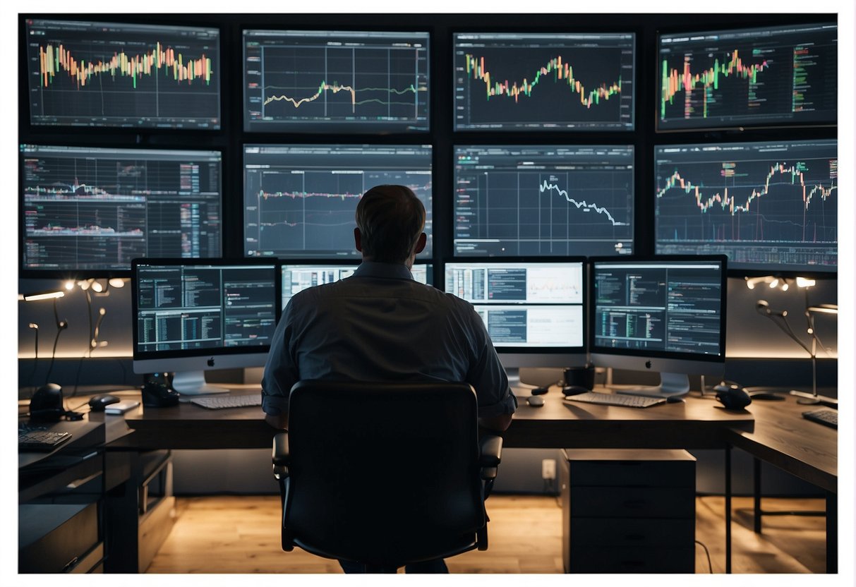 A person researching cryptocurrency exchanges, surrounded by computer screens and charts, with a thoughtful expression