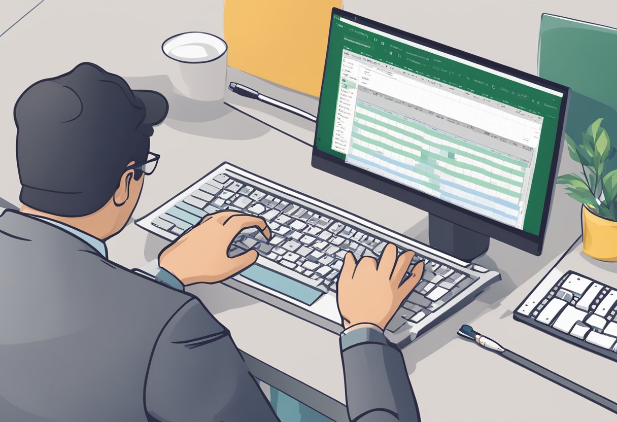 A person fixing a broken VLOOKUP function in Excel. They are typing on a keyboard, with a computer screen showing the error message