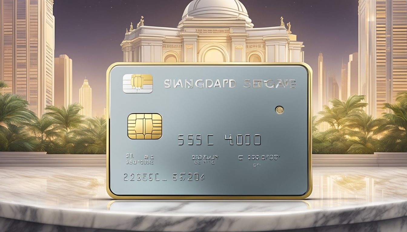 A gleaming metal credit card rests on a luxurious marble table, surrounded by opulent decor and a backdrop of the Singapore skyline