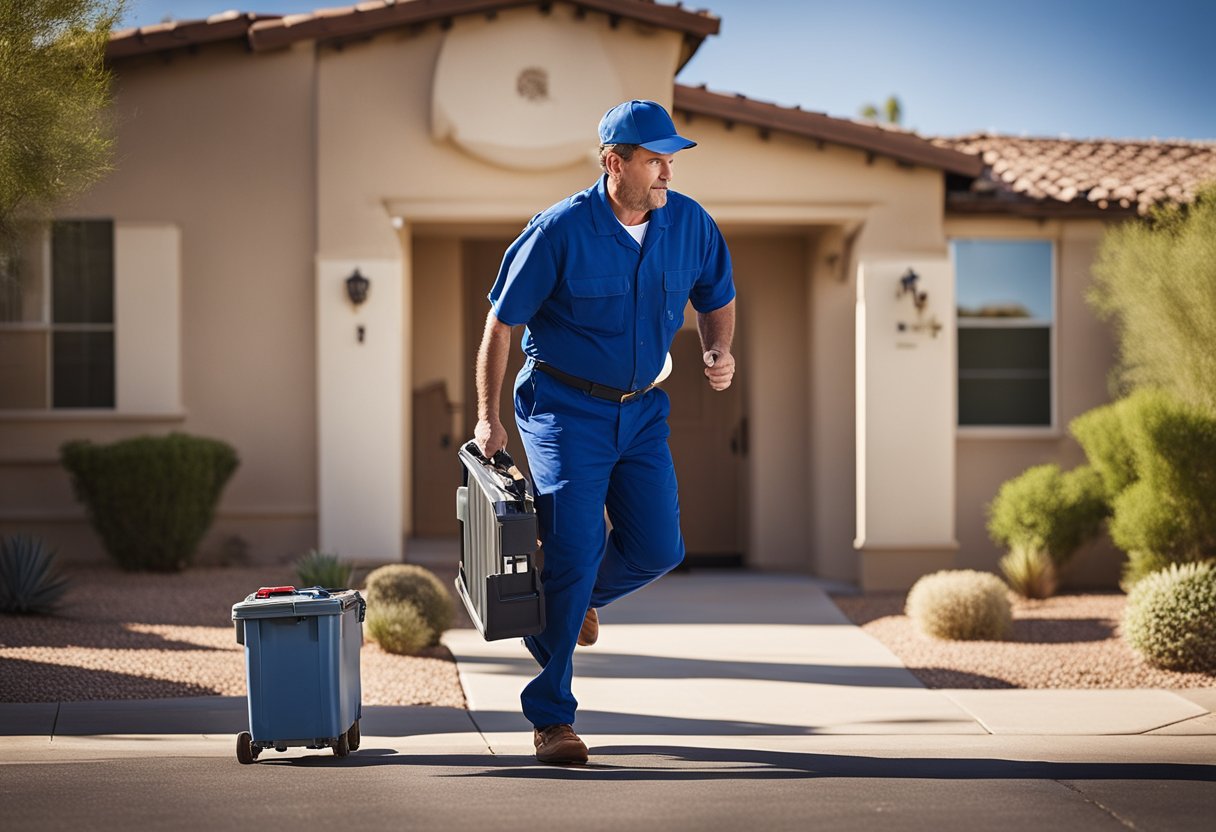 A plumber rushing to a residential home in Phoenix, Arizona with a toolbox, van, and urgent expression