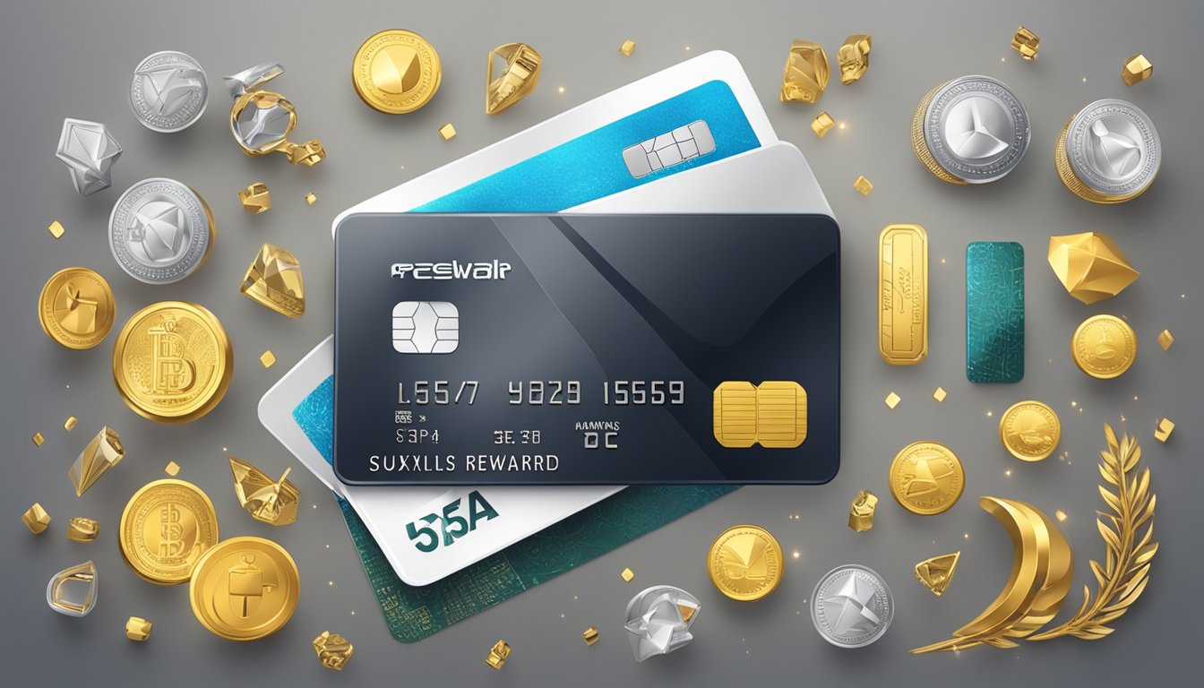 A sleek metal credit card surrounded by luxury items and symbols of wealth, with the words "Maximising Rewards and Benefits" prominently displayed