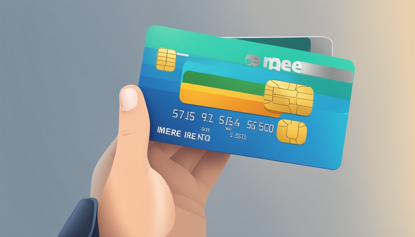 A hand holding a metal credit card with fees and charges displayed in the background