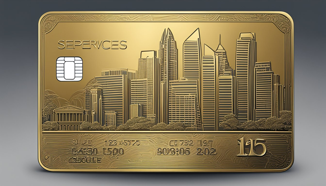 A sleek metal credit card with "Elite Services and Experiences" engraved, against a luxurious backdrop of Singapore's iconic skyline