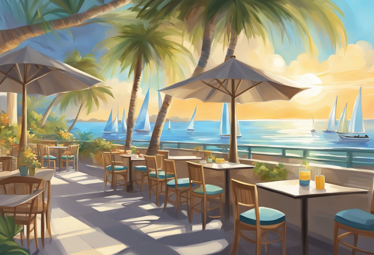 A beachside cafe overlooks a serene bay with sailboats and palm trees. Sunlight glistens on the water, while a gentle breeze rustles the umbrellas
