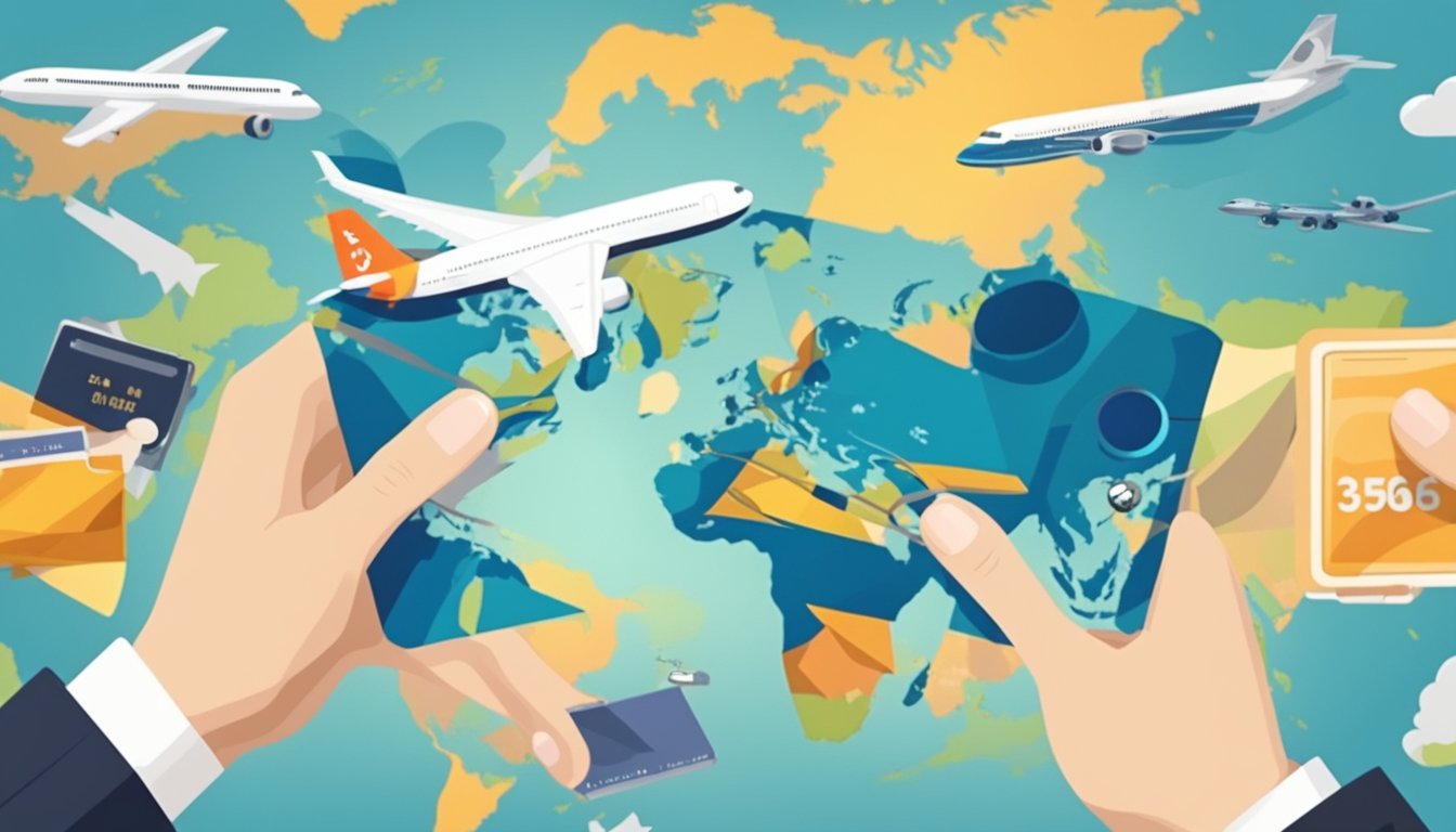 A hand holding a credit card with a world map in the background, surrounded by images of airplanes and travel destinations