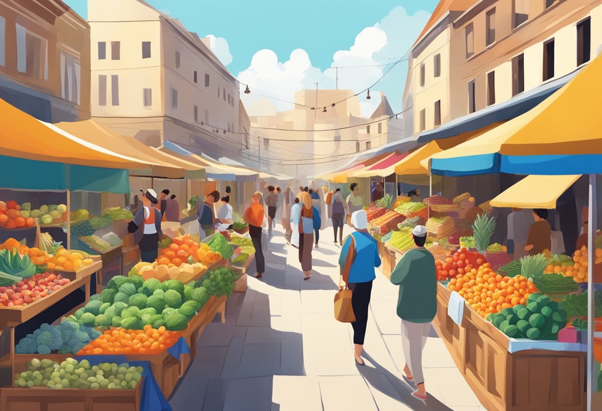 Vibrant market stalls, filled with colorful produce and locally made goods, bustling with shoppers and vendors exchanging goods and chatting