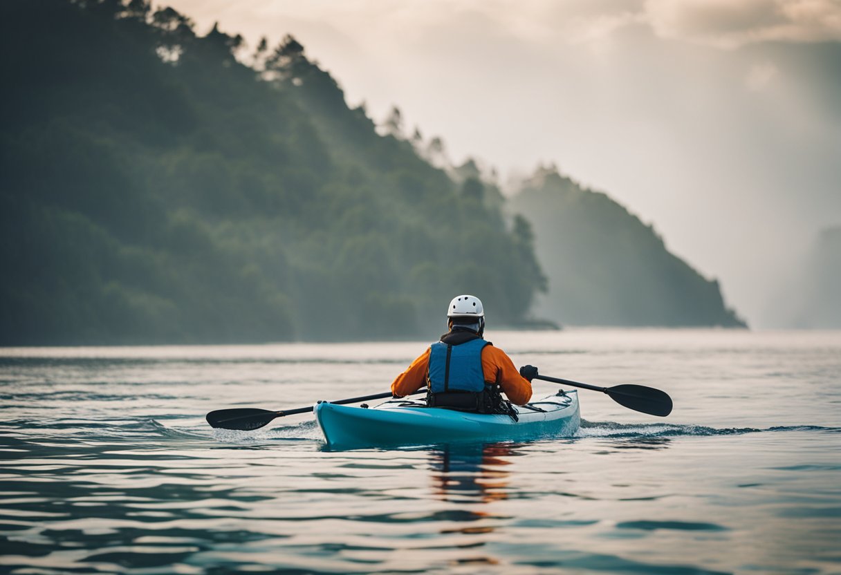 A kayaker paddles through calm ocean waters, with waves in the distance. Safety equipment, such as a life jacket and helmet, are visible on the kayak
