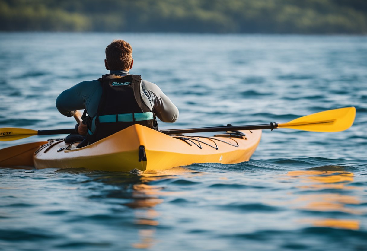A kayak glides through calm ocean waters, with a distant wave approaching. Safety gear is visible on the kayak, including a life jacket and paddle leash