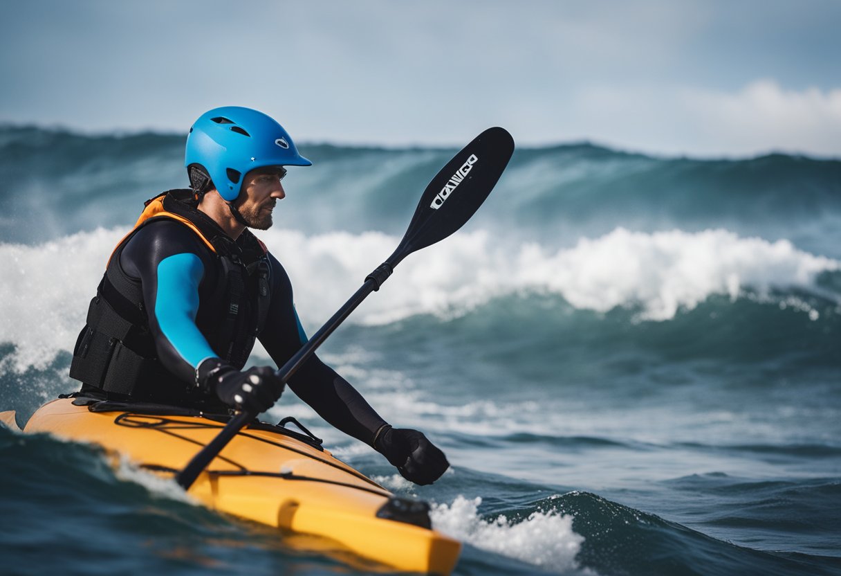 A kayaker in the ocean wears a life jacket, helmet, and wetsuit, and holds a paddle. Waves crash in the background