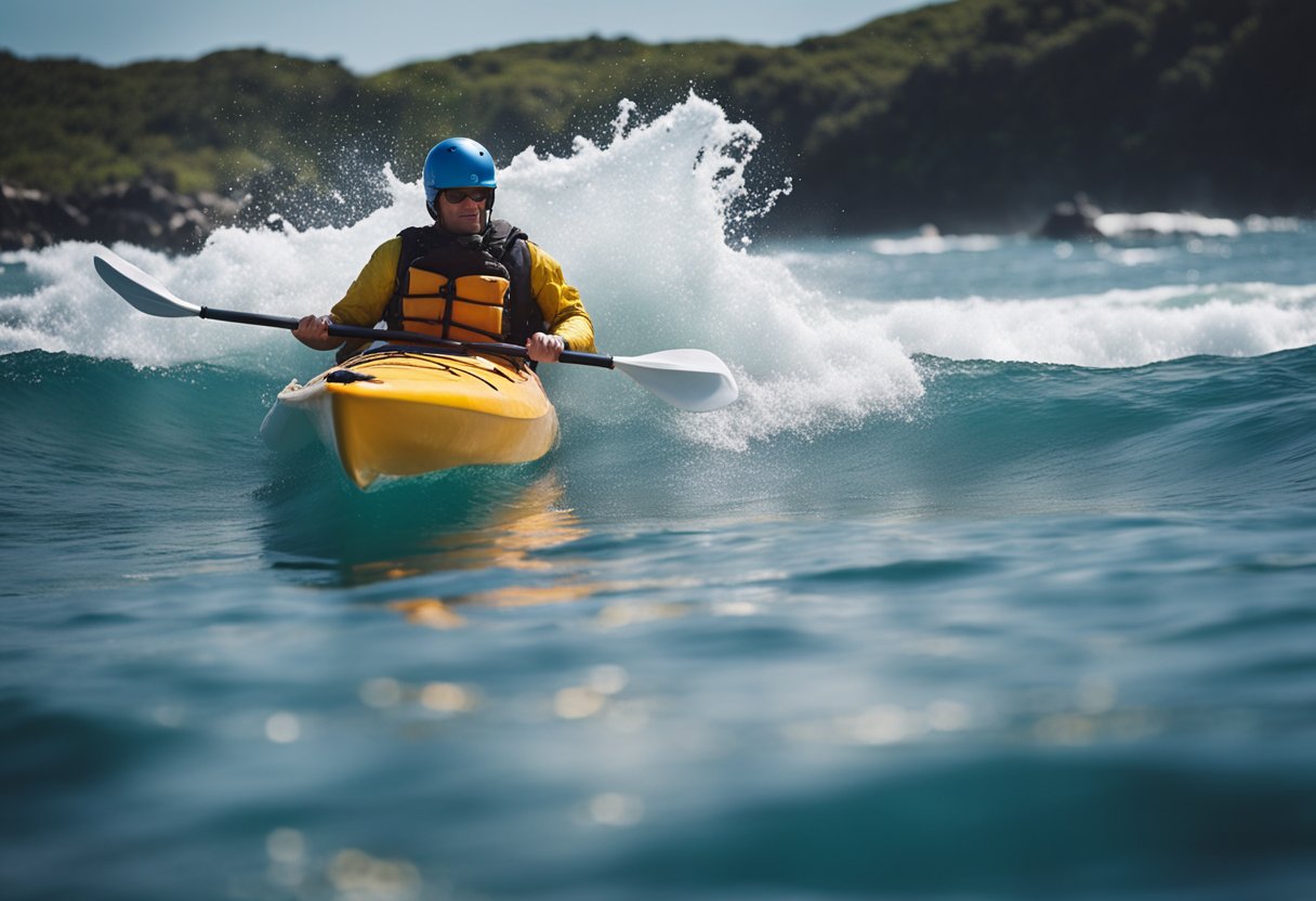 A kayak is equipped with safety gear and a paddle. Waves crash in the background. The ocean stretches out in front of the kayak