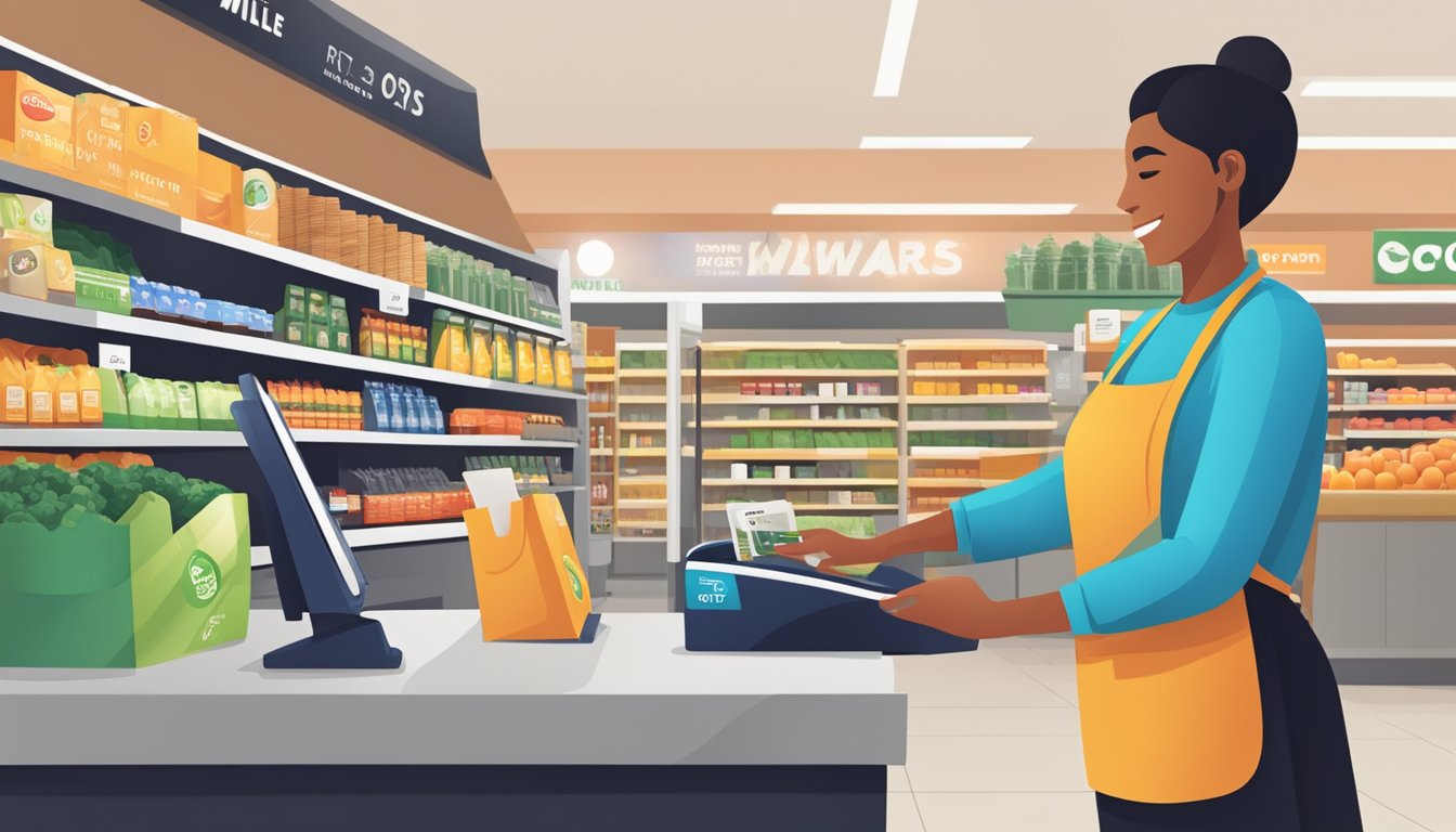 A person swiping a credit card at a grocery store checkout, with a prominent miles rewards logo displayed on the card