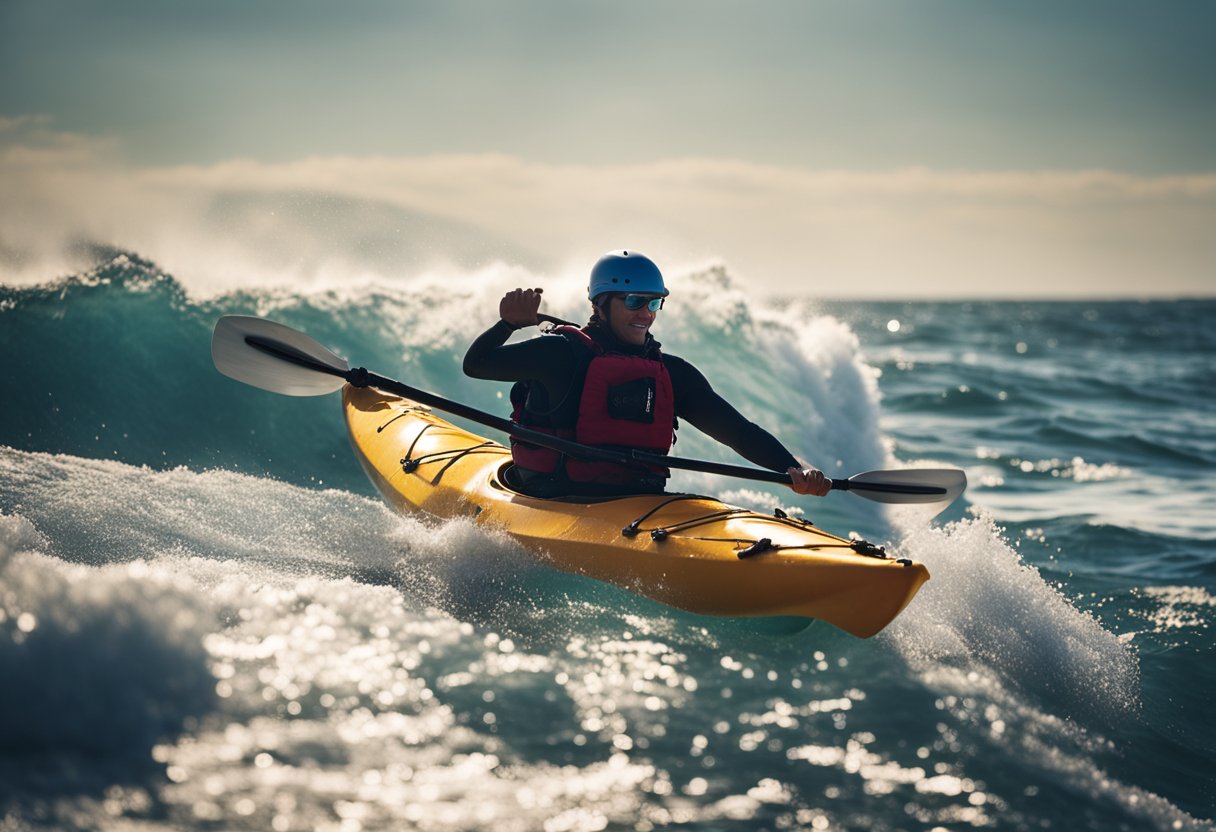 A kayak rides a cresting wave in the ocean, demonstrating proper technique for navigating waves safely