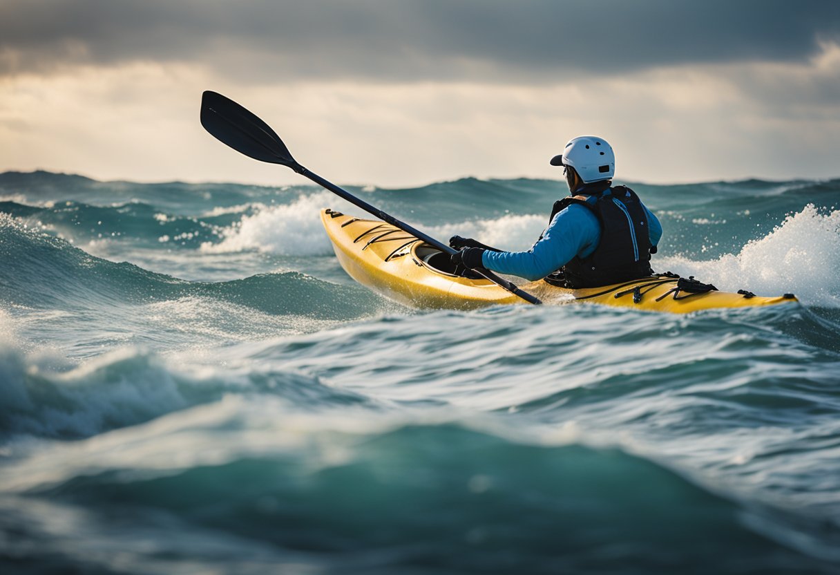 A kayak navigating through rough ocean waves, maintaining stability and balance, following safety guidelines