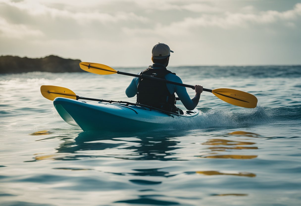A kayak glides through calm ocean waters, with waves in the distance. Marine life swims below, as the kayaker follows safety tips for navigating the open sea
