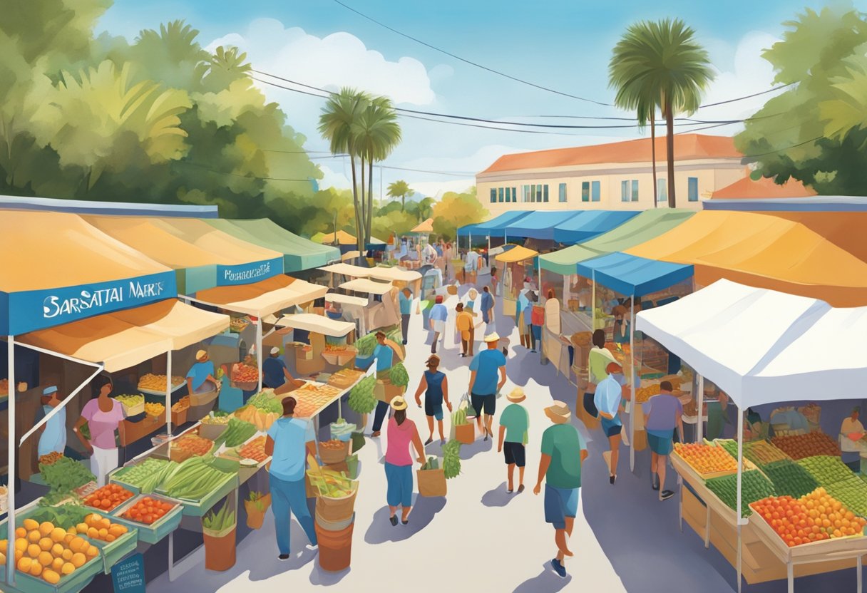 The bustling Sarasota Farmers Market, with vendors and shoppers, showcases collaboration and market expansion. The scene is filled with colorful stalls and a lively atmosphere