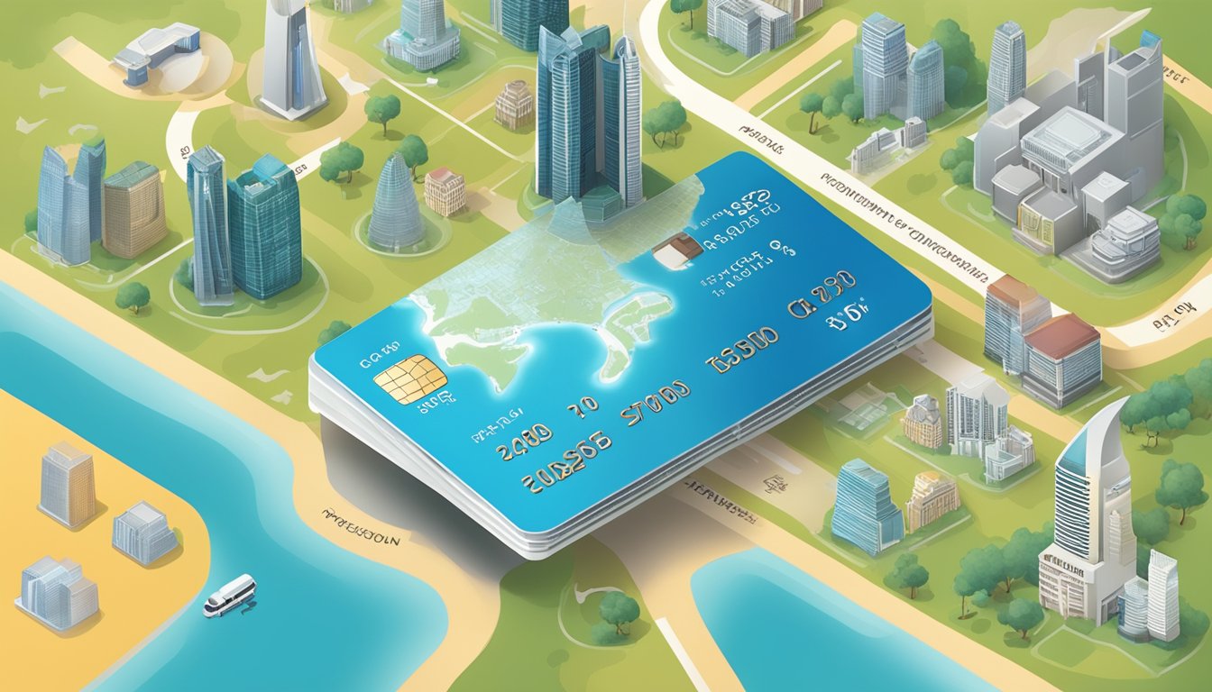 A credit card surrounded by Singaporean landmarks and a map of the city, with a list of frequently asked questions floating above it