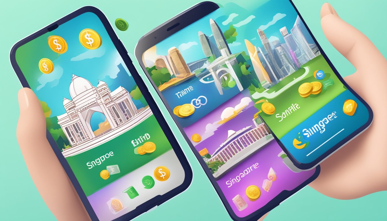 Various money transfer app logos displayed on a smartphone screen with Singapore landmarks in the background