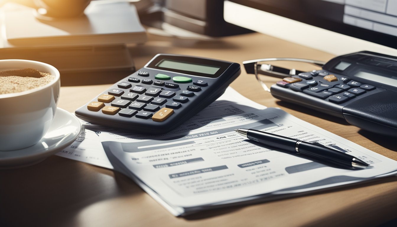 A stack of money, a calculator, and a pen on a desk with a laptop showing a personal loan website