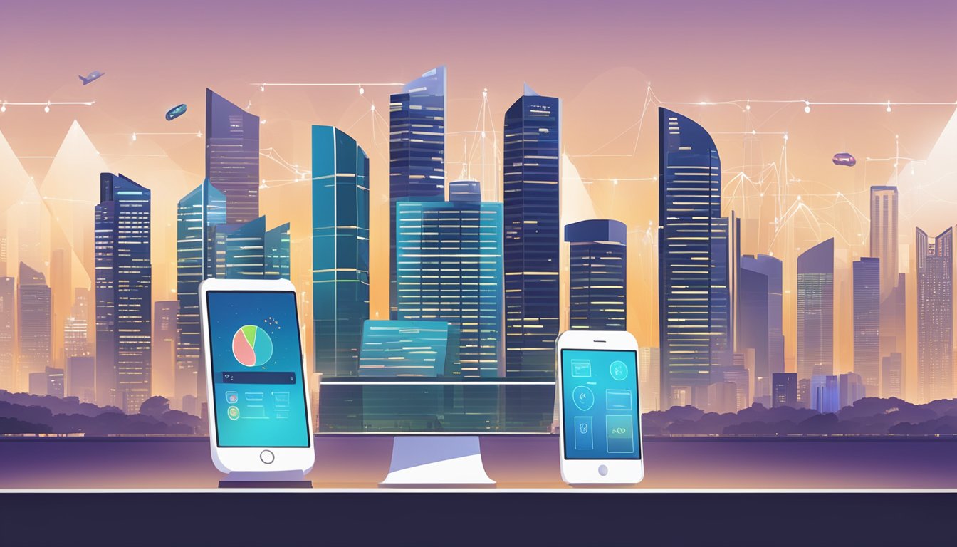 Multiple mobile devices displaying various investment platforms with charts and graphs, set against the backdrop of the Singapore skyline