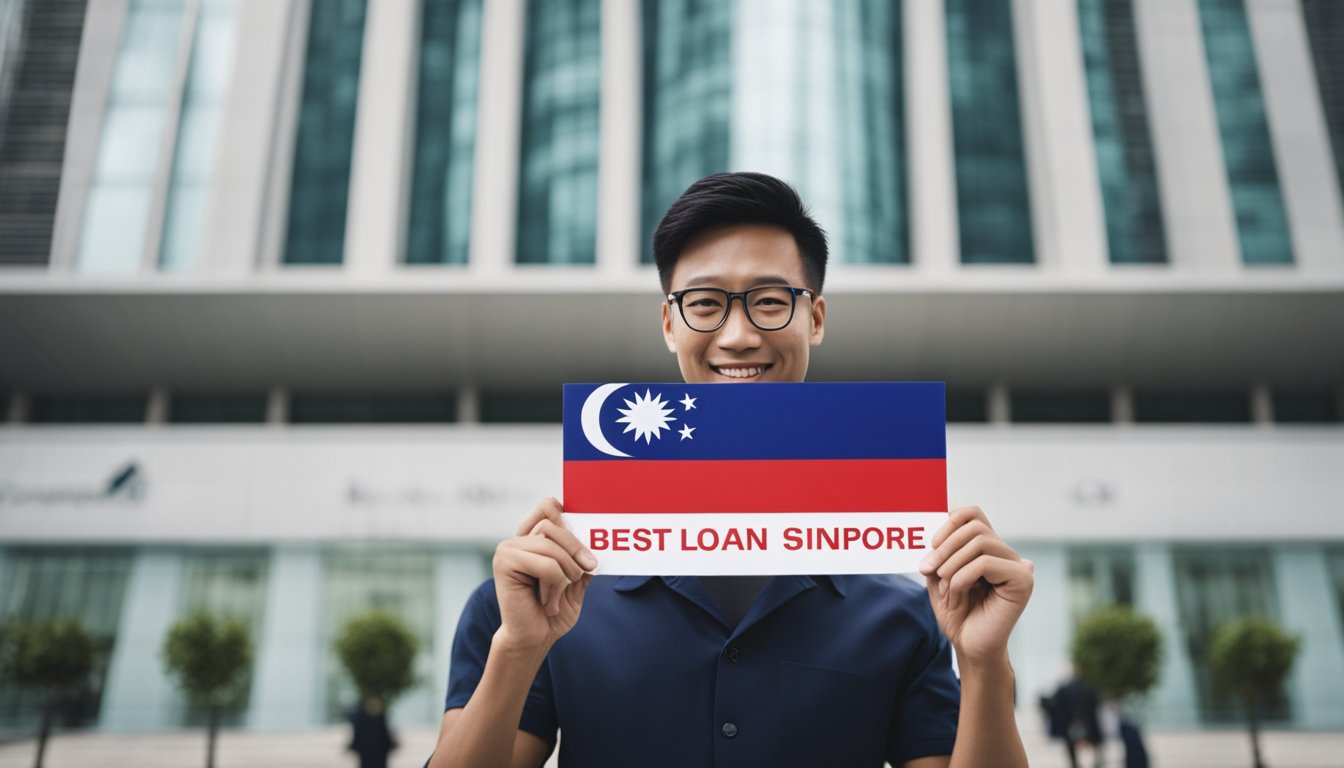A person holding a Singaporean flag stands in front of a bank, with a sign that reads "Best Personal Loan Singapore." The person smiles confidently