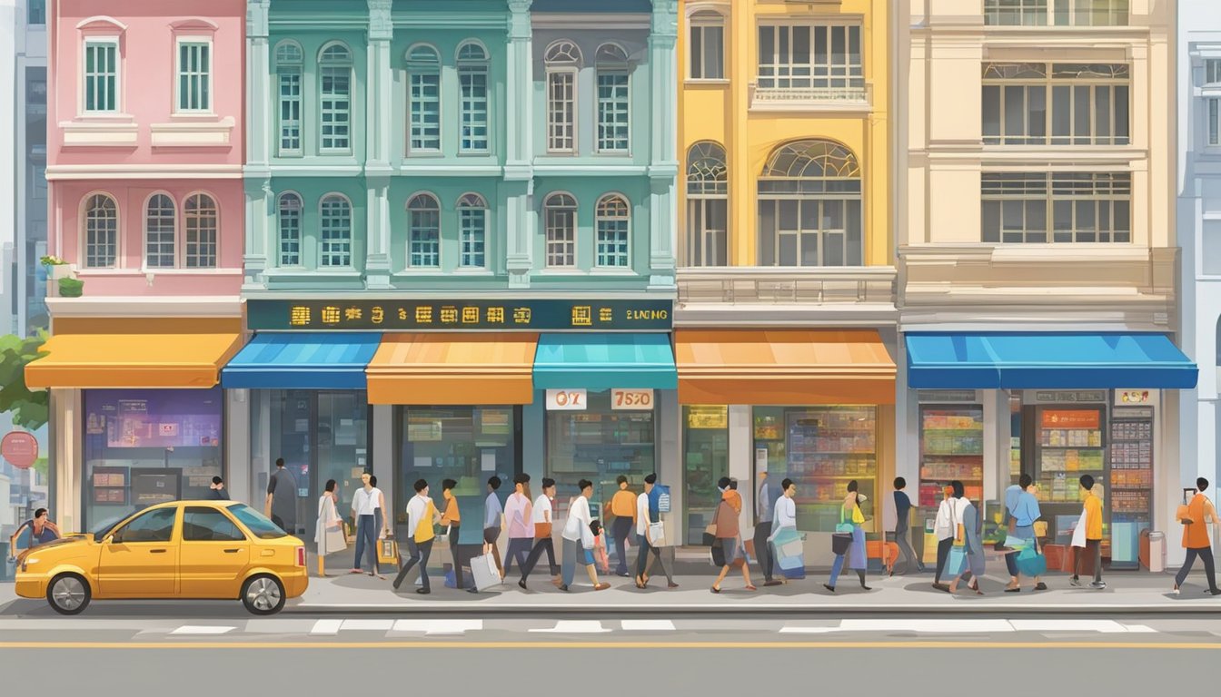 A bustling street in Singapore, with a vibrant money changer shop at the center, adorned with colorful currency exchange rate boards and a constant flow of customers