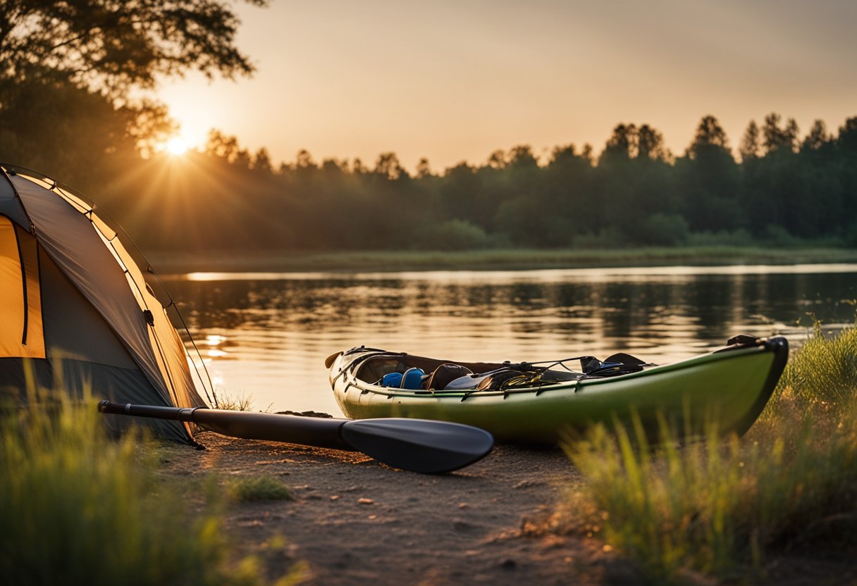 A kayak loaded with camping gear rests on a tranquil riverbank at sunset, with a tent and cooking equipment laid out nearby