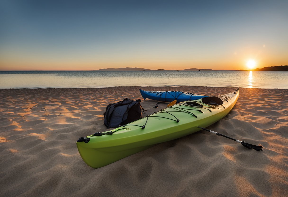 A kayak rests on a sandy beach, surrounded by a tent, sleeping bag, and camping gear. The sun sets over the calm water, casting a warm glow on the scene