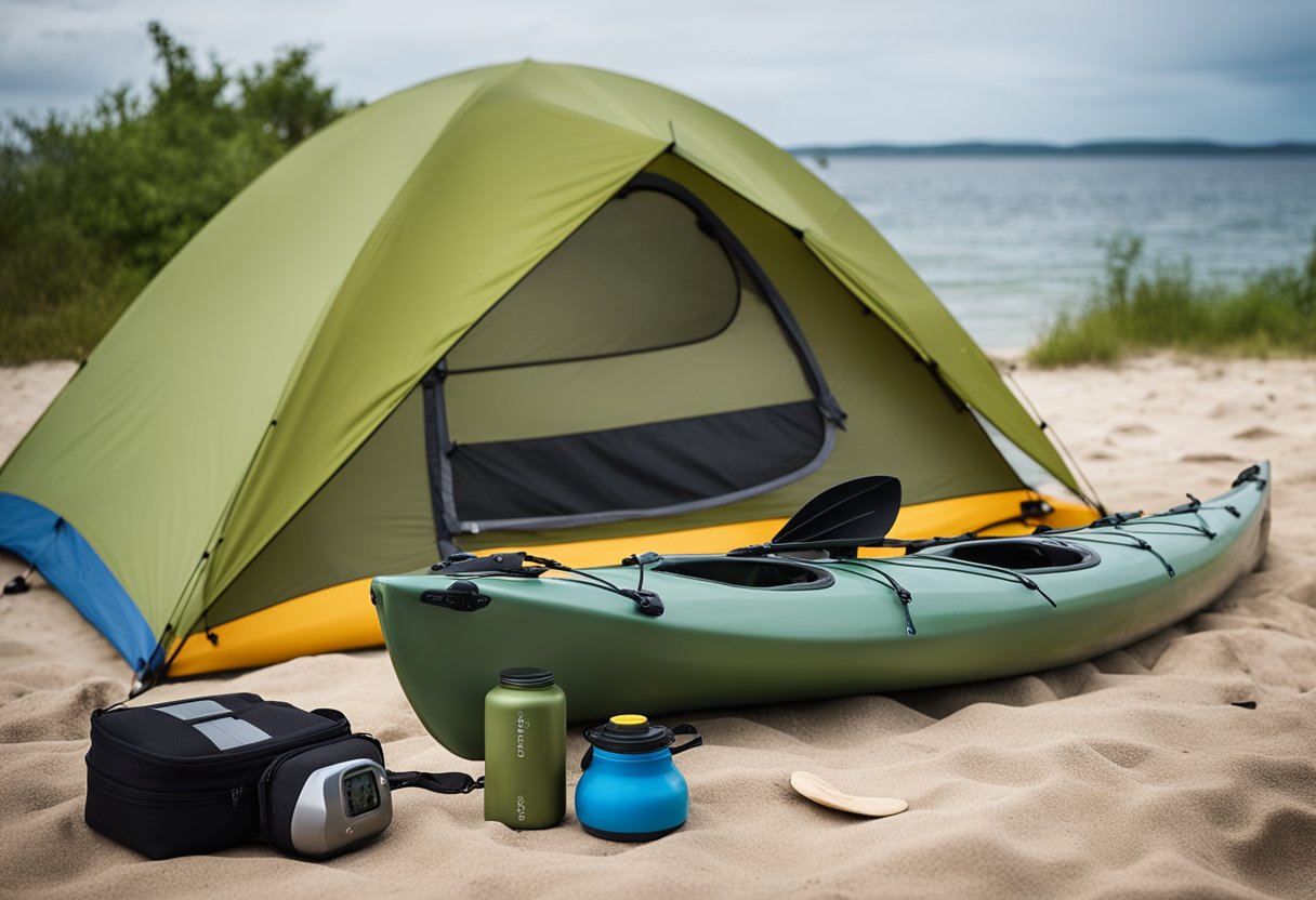 A kayak loaded with camping gear, including a map, compass, and GPS, sits on the shore next to a tent and sleeping bag