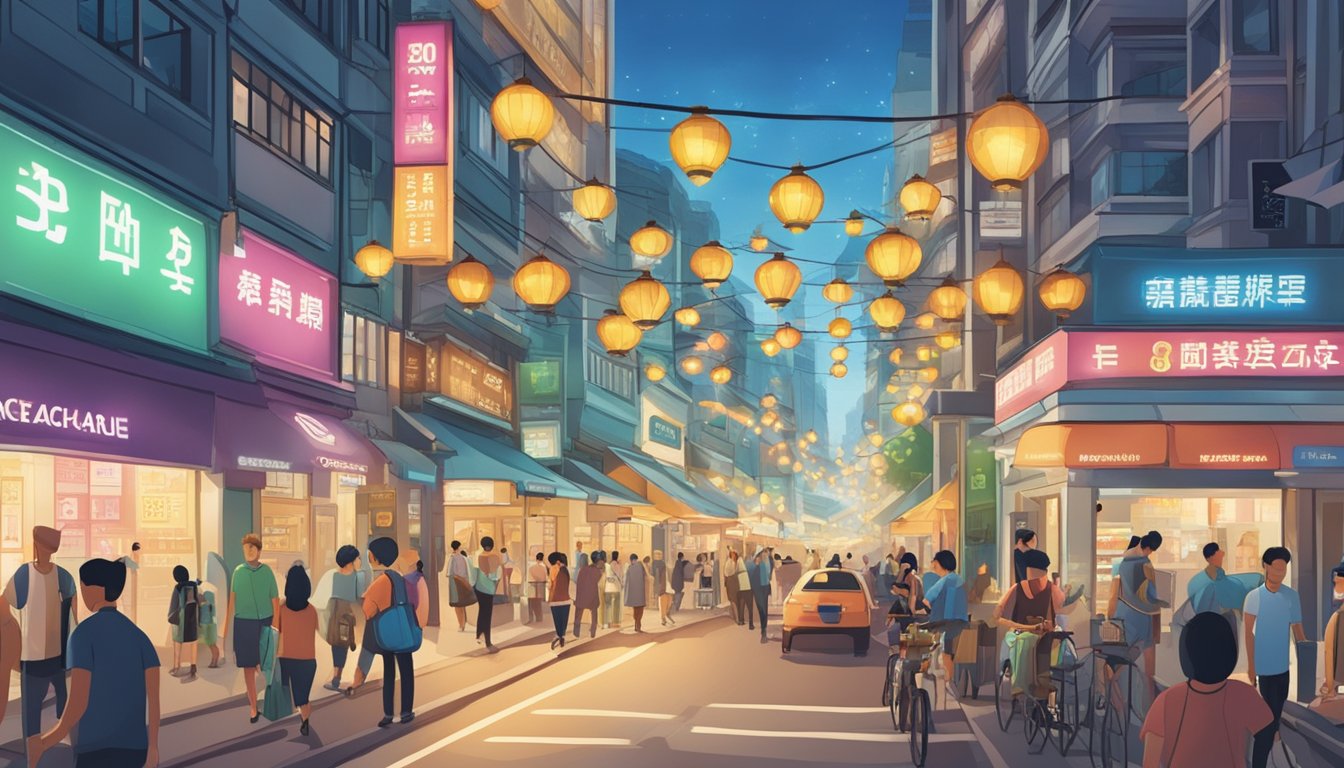 A bustling city street with a prominent sign reading "Services Beyond Currency Exchange - best money changer in Singapore." Bright lights and a steady stream of customers create a lively atmosphere