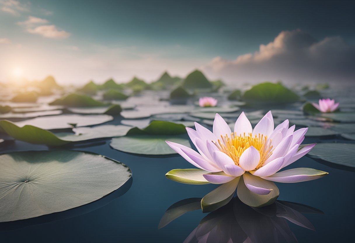 A blooming lotus flower rising from murky waters, symbolizing resilience and transformation in the face of mortality and cancer survivorship