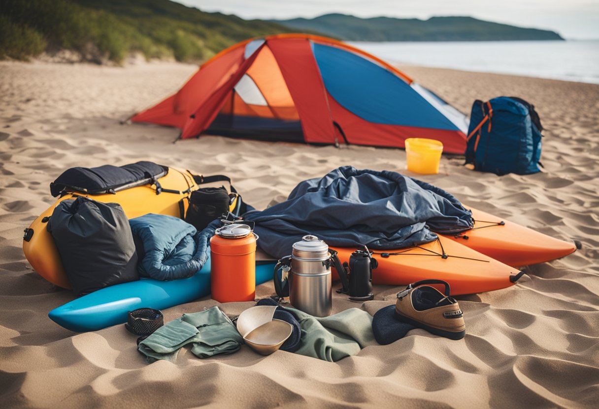 A pile of camping gear including a tent, sleeping bag, cooking utensils, and waterproof clothing laid out next to a kayak on a sandy beach
