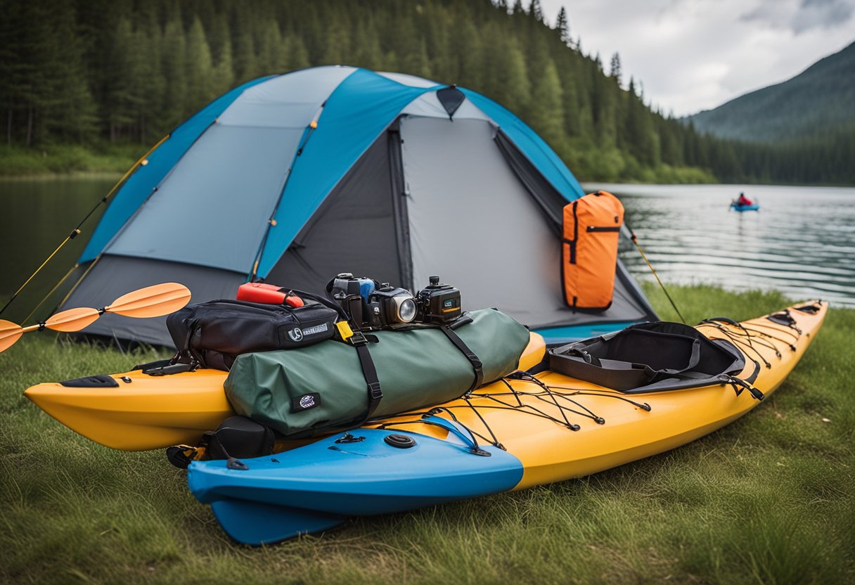 A kayak is loaded with safety gear: life jackets, first aid kit, flares, and emergency radio. A tent and sleeping bag are also stowed on board