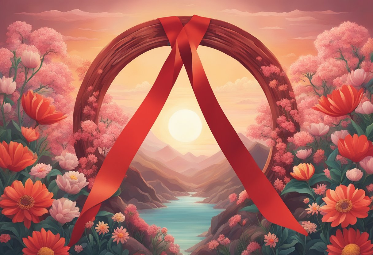 A vibrant red ribbon symbolizing cancer awareness, surrounded by blooming flowers and a rising sun, representing hope and renewal