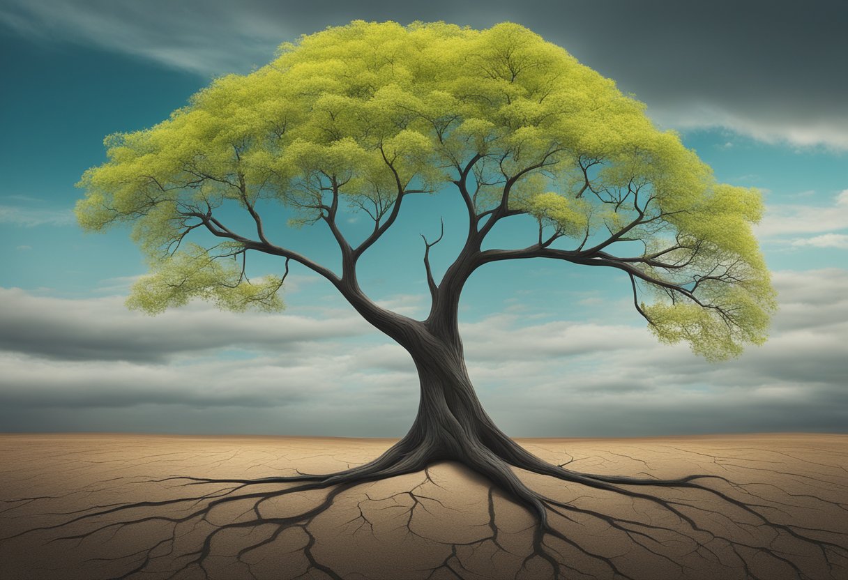 A vibrant tree with new growth emerging from a barren landscape, symbolizing hope and resilience in the face of mortality and cancer