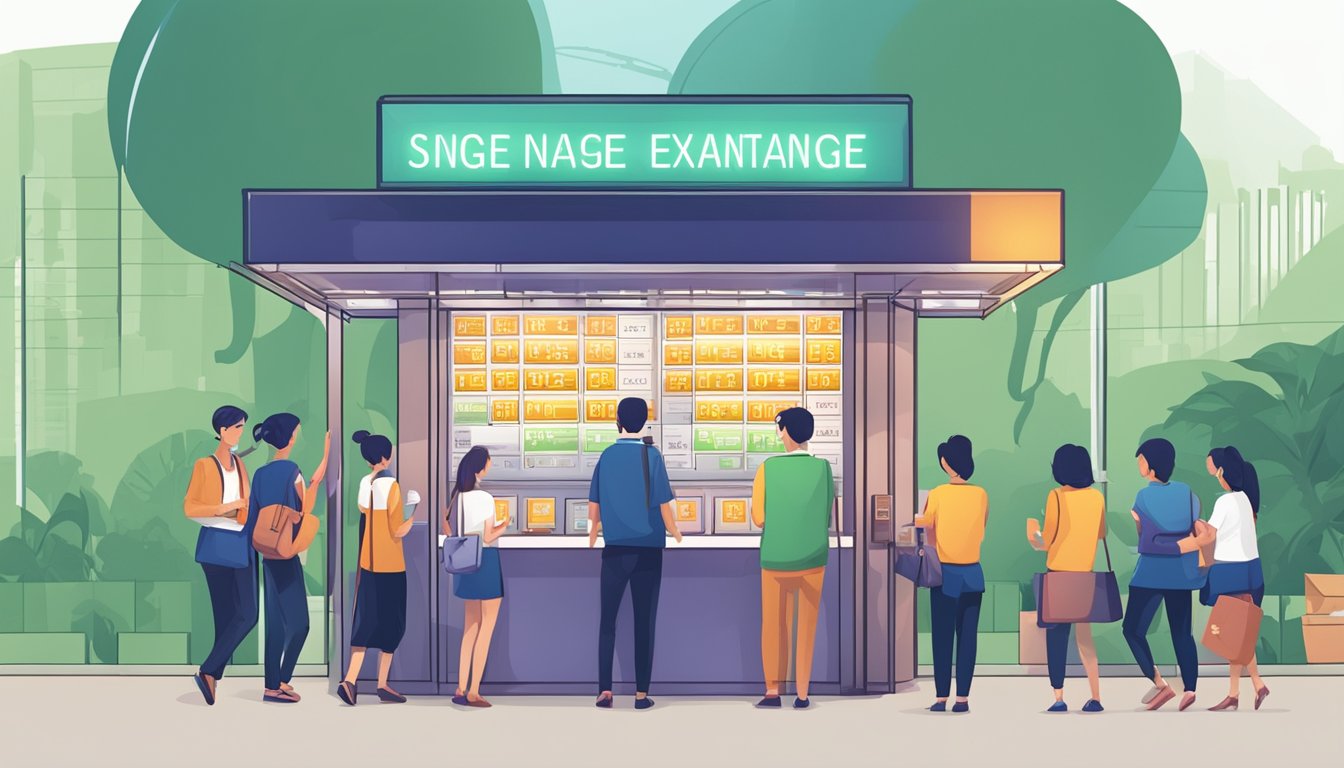 Brightly lit money exchange booth in Singapore, with currency symbols and rates displayed. Customers queuing with various international currencies in hand