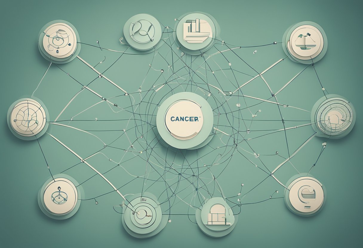 A network of interconnected circles symbolizing support systems and caregiving, with a central focus on redefined personal priorities and the resilience of a cancer thriver