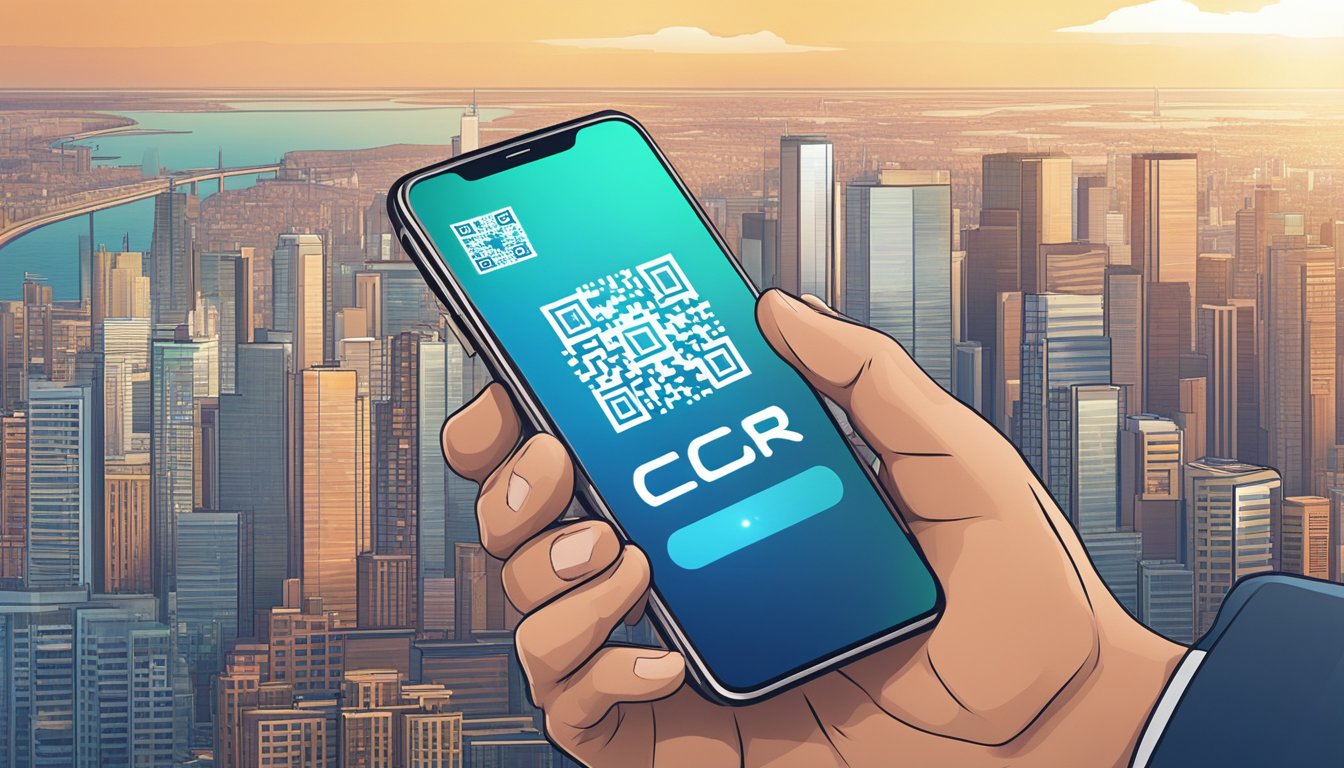 A smartphone scans a QR code on a digital currency exchange app in front of a modern skyline