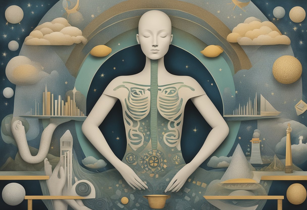 A serene figure surrounded by symbols of health policy and cancer care, with a focus on personal priorities and the resilience of a cancer thriver