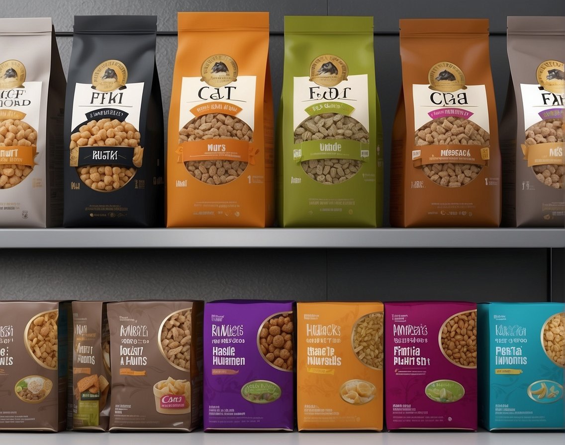 The scene shows various cat food brands' packaging with small kibble sizes. The top 5 brands are highlighted with opinion ratings for 2024