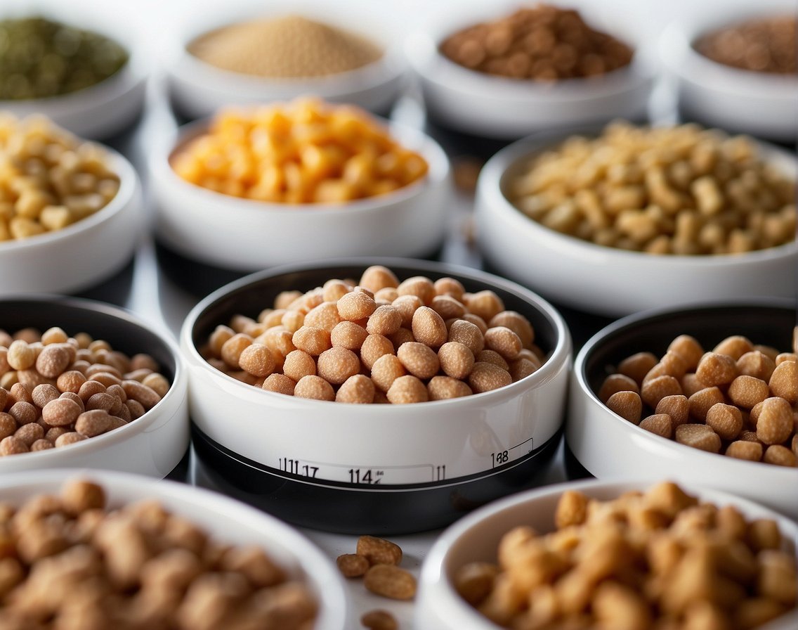 A variety of cat food kibbles scattered on a clean, white surface, with nutritional profiles and ingredient analysis charts in the background