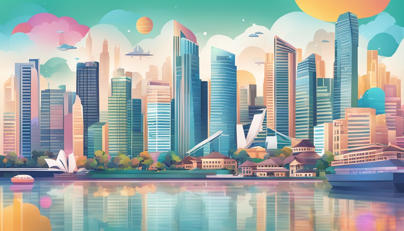 A vibrant cityscape with iconic Singapore landmarks, surrounded by graphs and charts showing the best mortgage rates