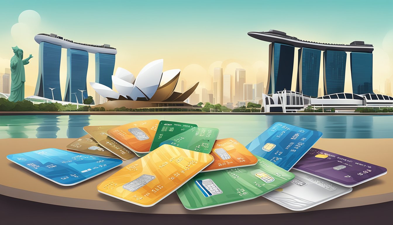 A table displaying various OCBC credit cards, with Singapore landmarks in the background