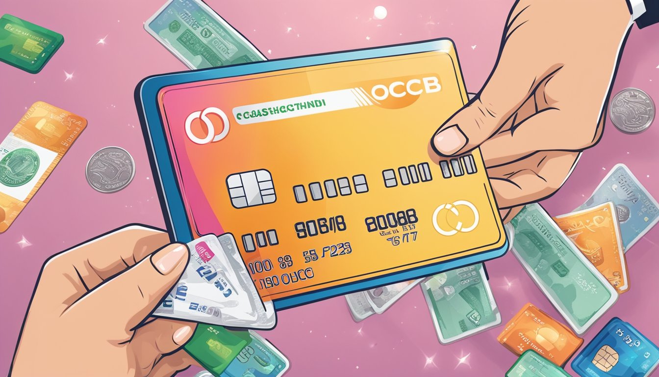 A hand holding a shiny credit card with "OCBC" logo, surrounded by various rewards like cashback, travel vouchers, and shopping discounts