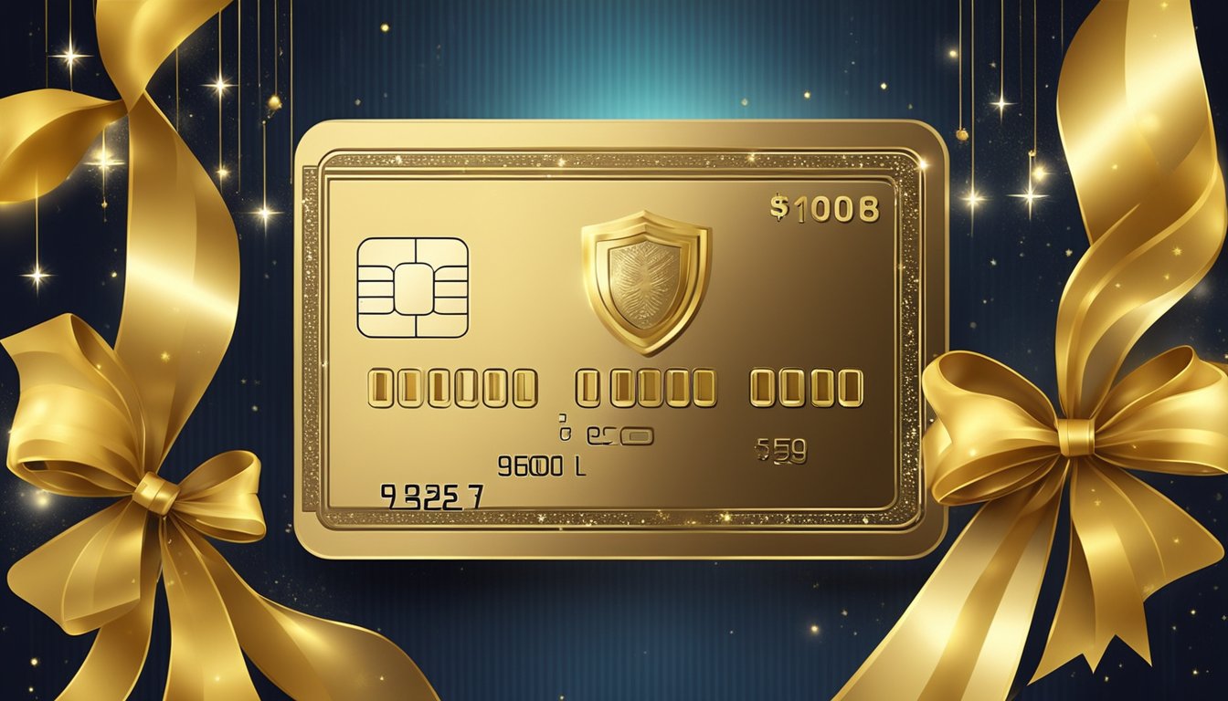 A luxurious credit card surrounded by golden ribbons and sparkling stars